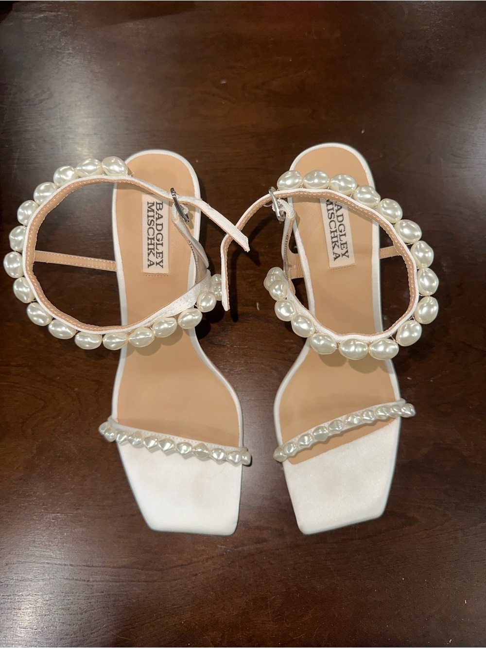 Badgley Mischka Ivory Pearl-Embellished Satin Heels